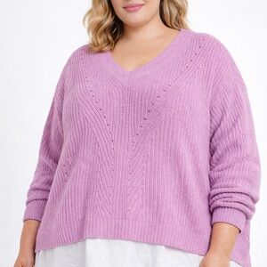 Terra & Sky Lavender V-Neck Pointelle Knit Sweater